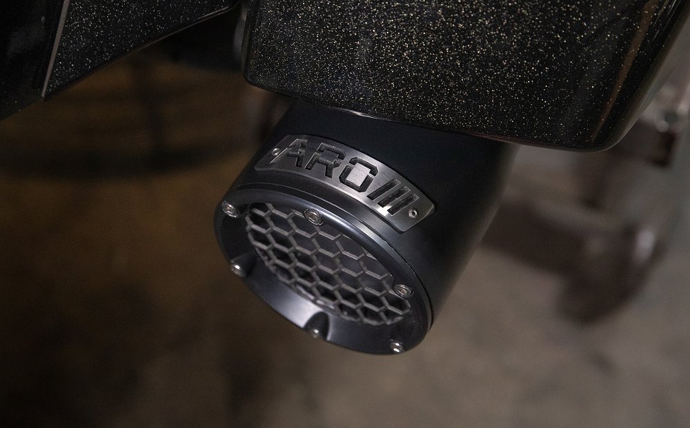 close view of the end of the black ARO exhaust showing the logo