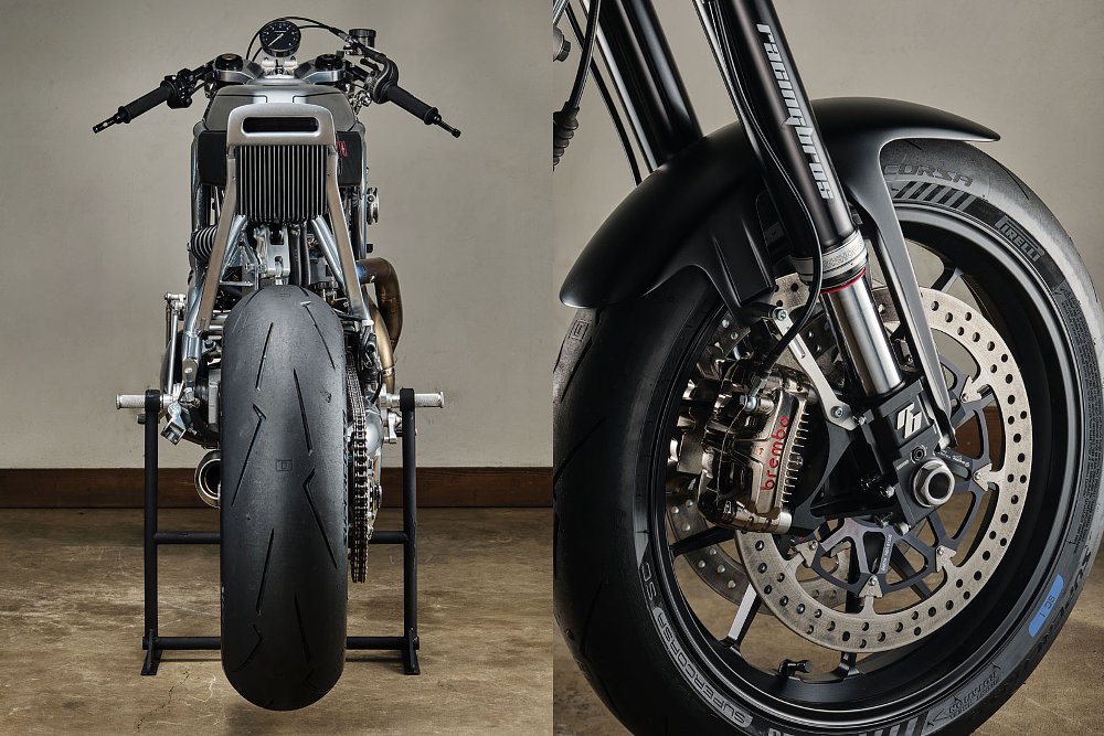 two photos, one showing a rear view with a small, rectangular, LED tail light, and a close view of the front wheel with Brembo brakes