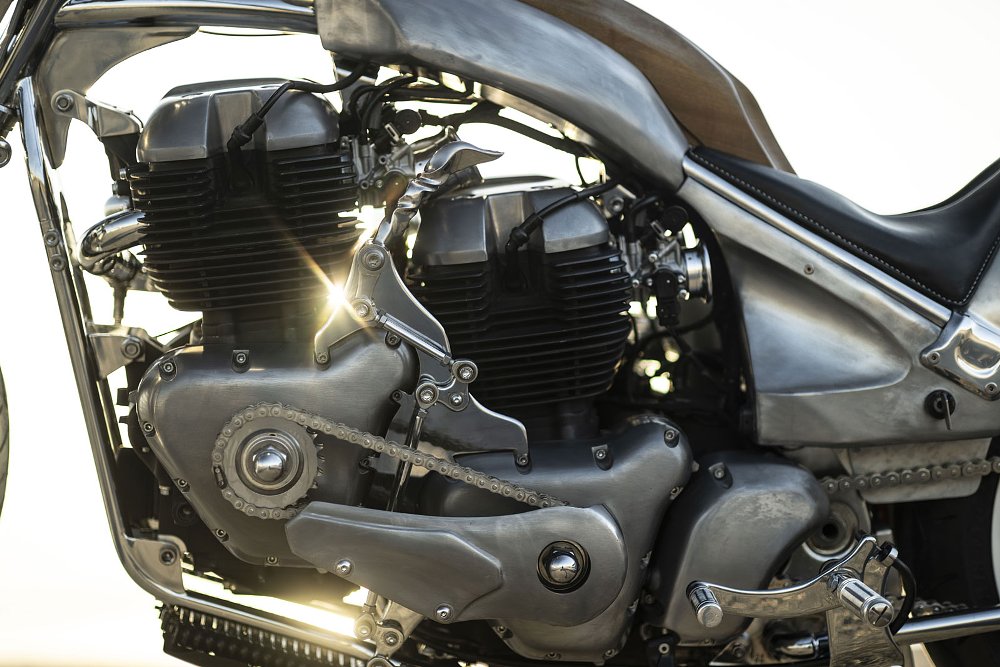 close view of the two mated engines, the front one slightly higher than the rear