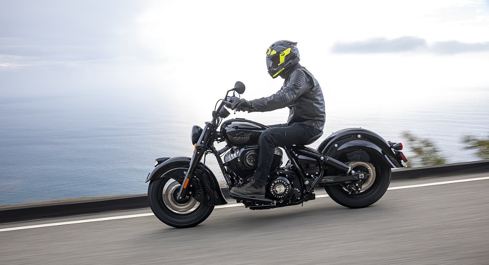 Dustin riding the very retro single-seat Chief Vintage along the coast