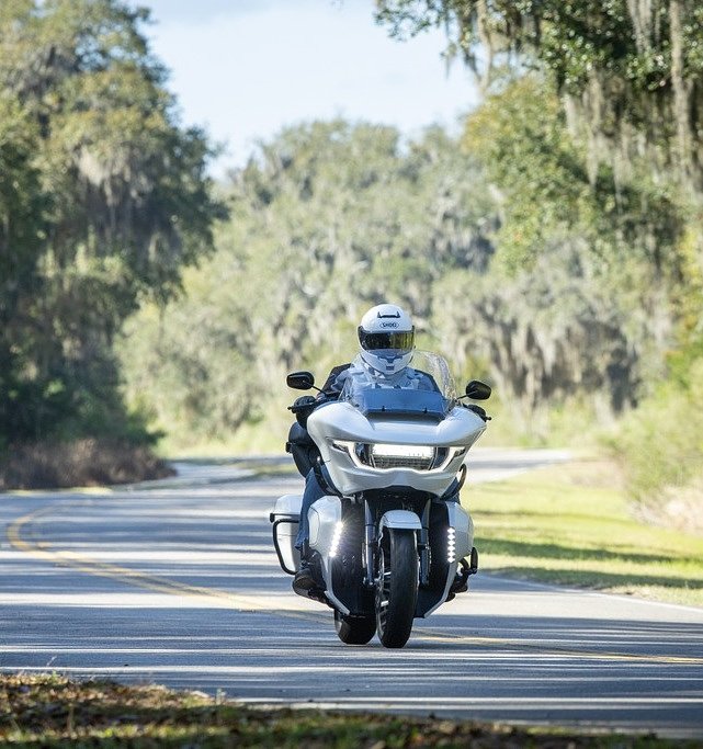 rider on a white Road Glide Limited on a long, winding road under trees with Spanish moss