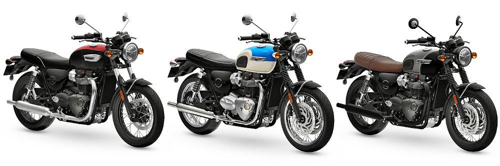 The 2026 Triumph T100, T120, and T120 Black pictured against a white background.
